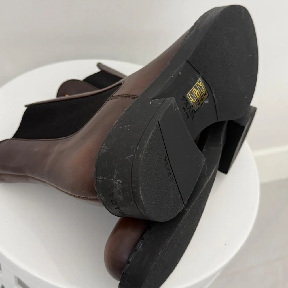 PRADA Chocolate Brown Brushed Leather Chelsea Ankle Boots Designer - Picture 10 of 12
